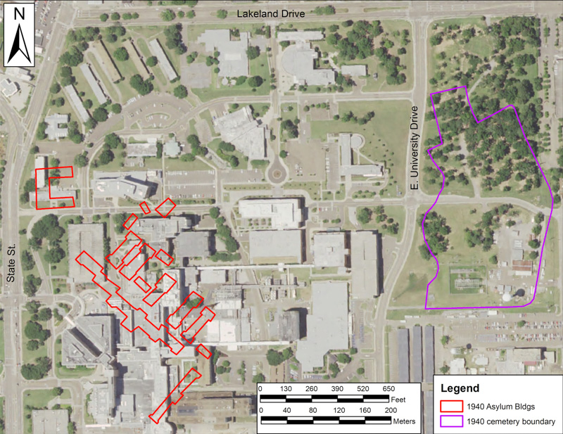 Based on historical maps and recent archaeological work, the old asylum building (as it looked in 1922) is represented in blue and the likely outline of the cemetery is in red in this aerial map of the UMMC campus.